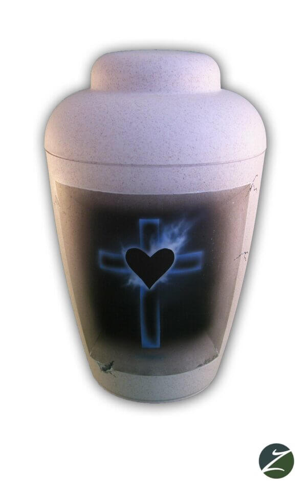 Biologisch abbaubare Urne mit Airbrush Kreuz und Herz Motiv